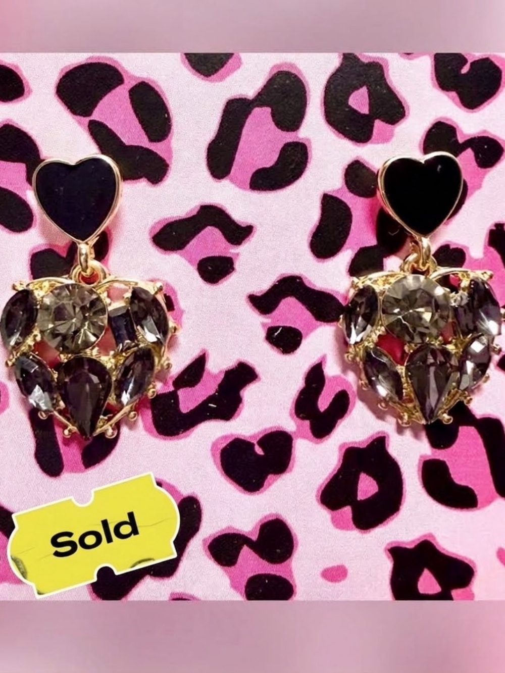 Gold Heart Earrings with Black and Smoky Crystals, Betsy Johnson inspired🩷🖤